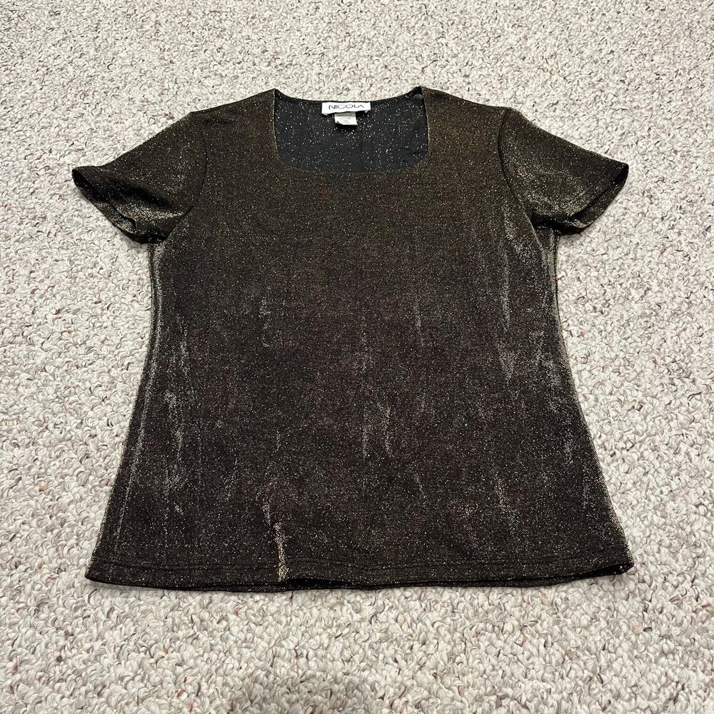 Nicola Black Gold Metallic Shimmer Short Sleeve Top M Holiday Square Neck Casual